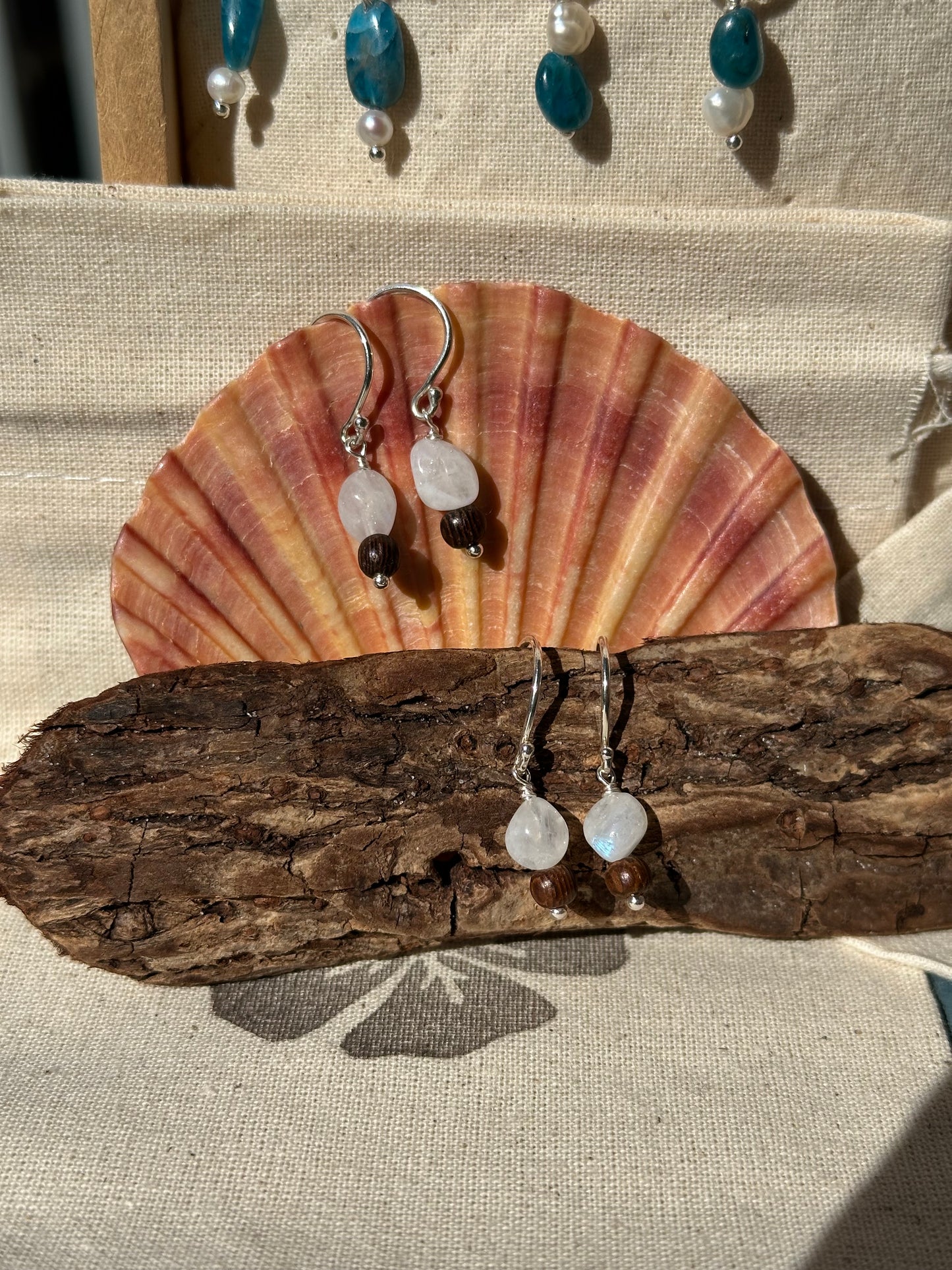 Moonstone and wood drop earrings