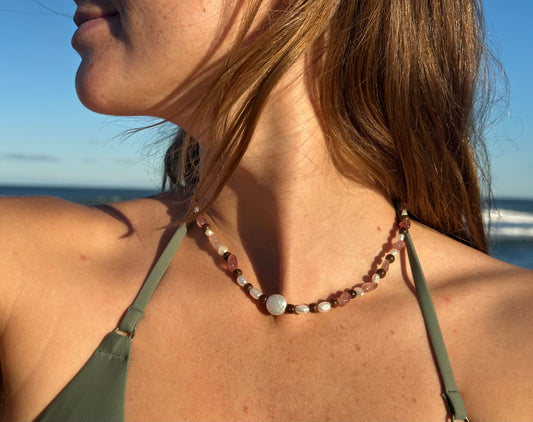 Pearl and strawberry quartz necklace