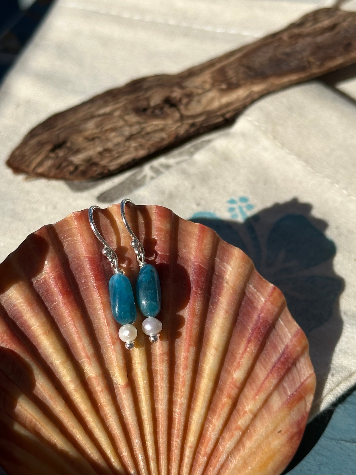 Apatite stone and fresh water pearl drop earrings