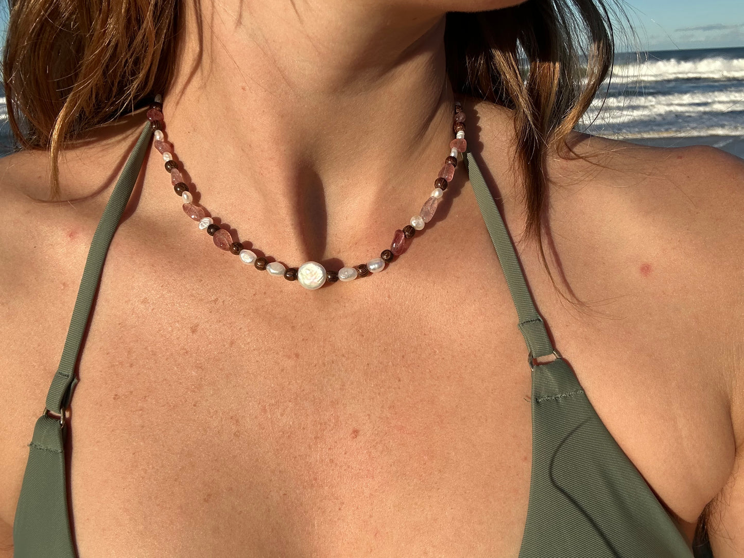 Pearl and strawberry quartz necklace