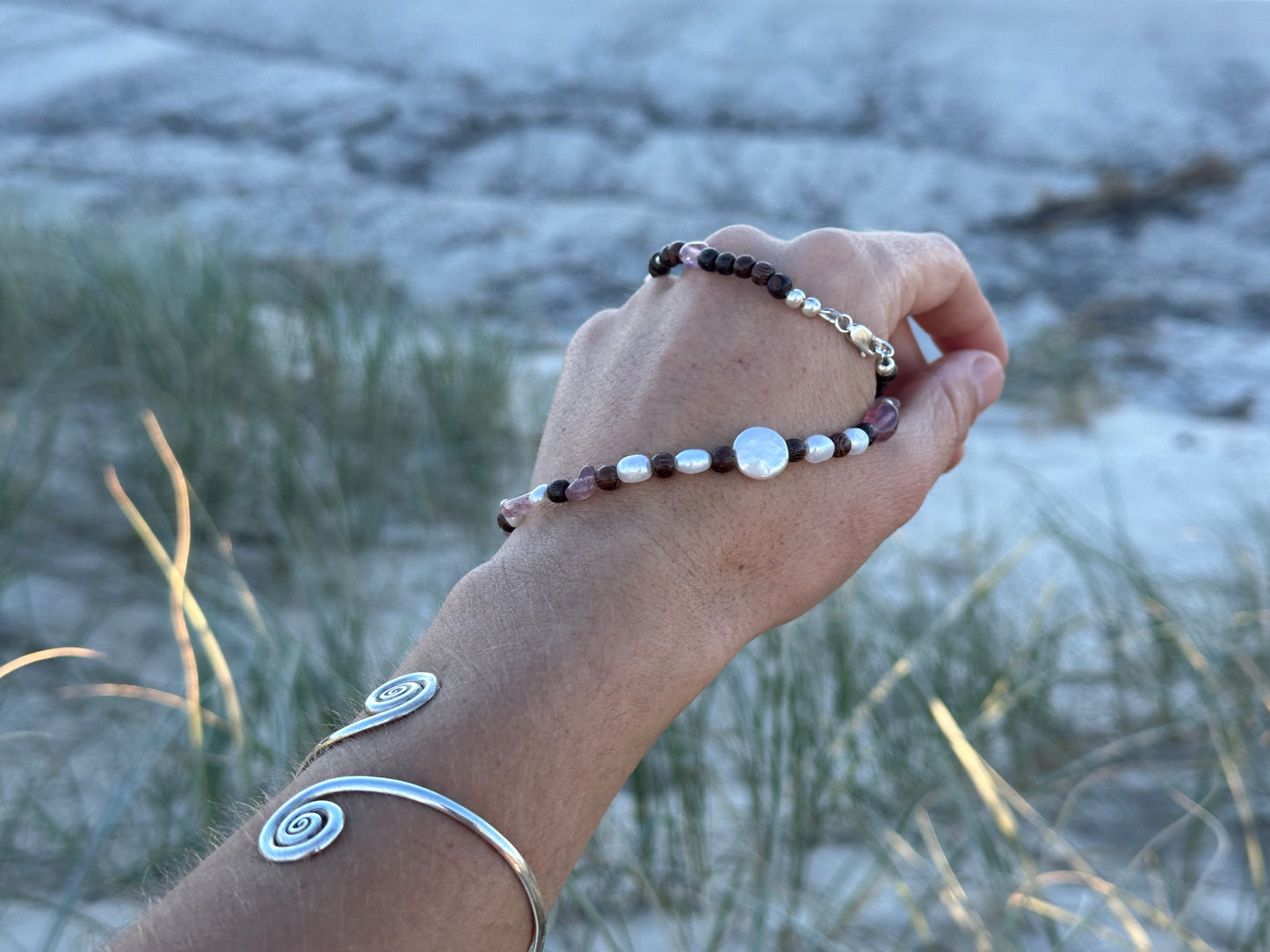 Pearl and strawberry quartz necklace