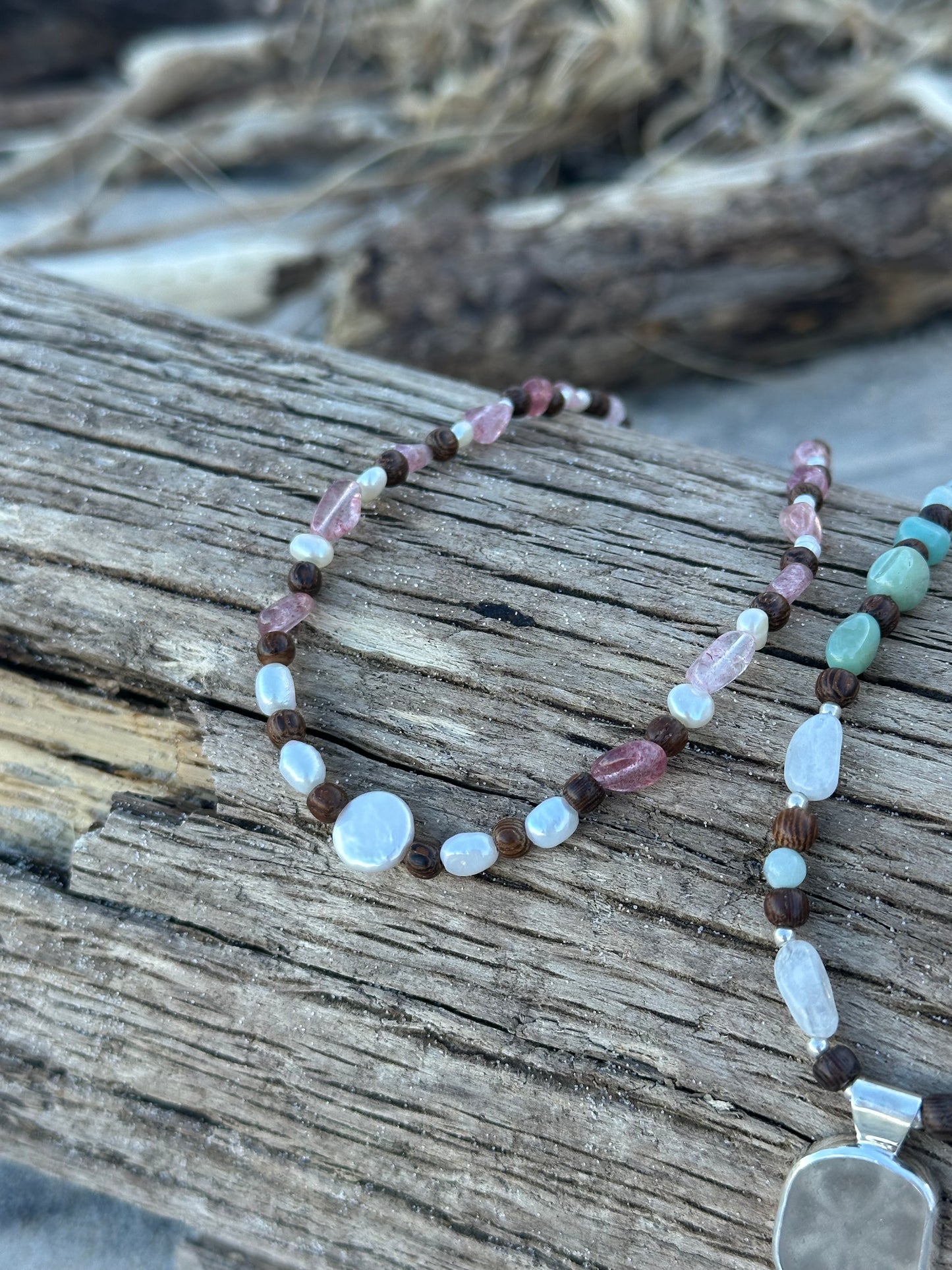 Pearl and strawberry quartz necklace