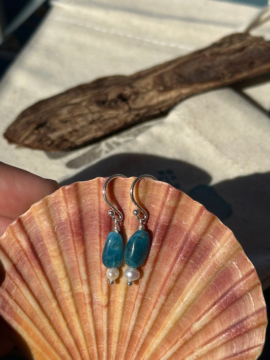 Apatite stone and fresh water pearl drop earrings