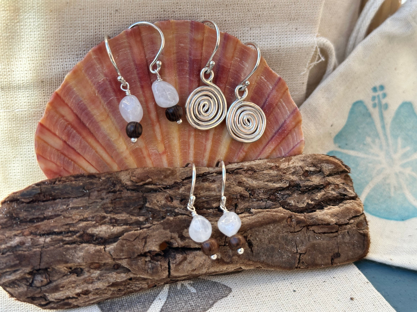 Moonstone and wood drop earrings