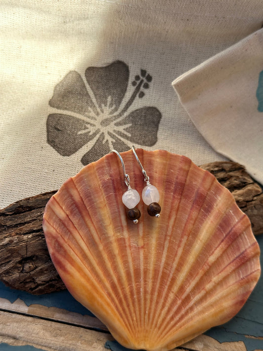 Moonstone and wood drop earrings