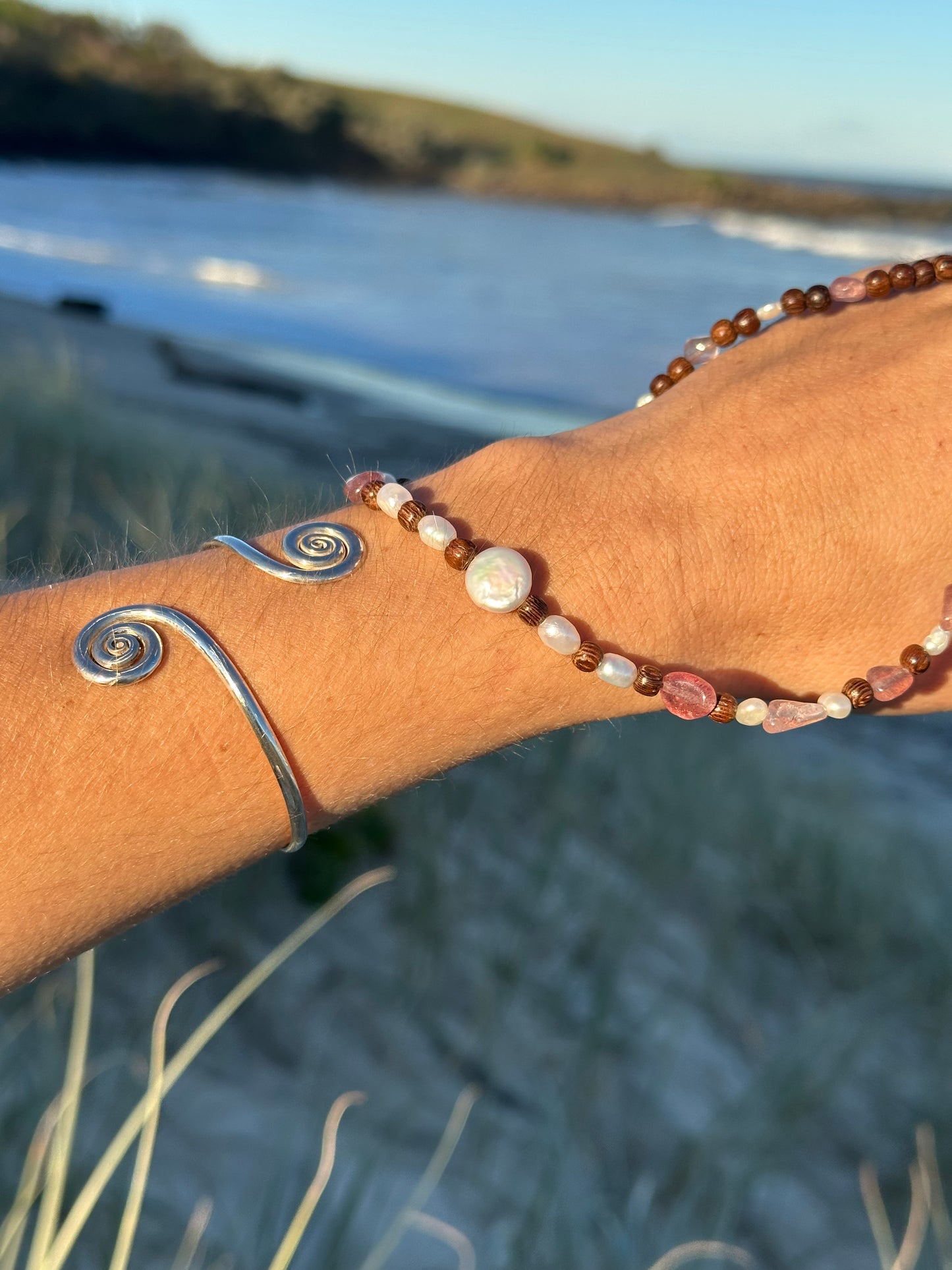 Pearl and strawberry quartz necklace